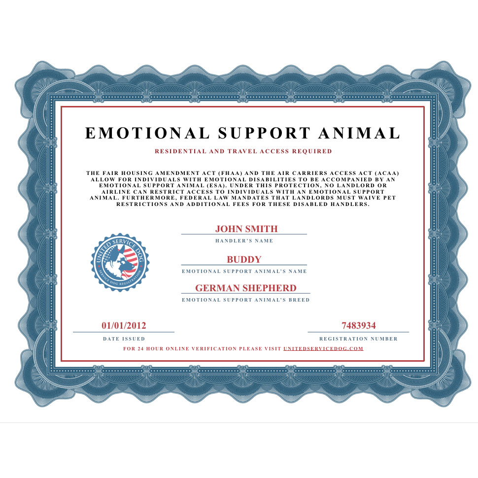 Emotional Support Animal Certificate United Service Dog